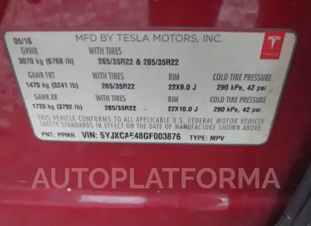 TESLA MODEL X 2016 vin 5YJXCAE48GF003876 from auto auction Iaai