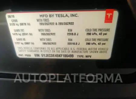 TESLA MODEL X 2019 vin 5YJXCDE45KF186499 from auto auction Iaai