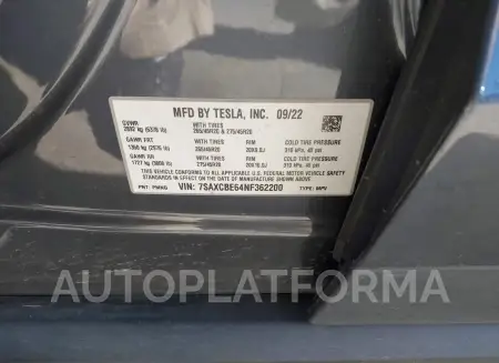 TESLA MODEL X 2022 vin 7SAXCBE64NF362200 from auto auction Iaai