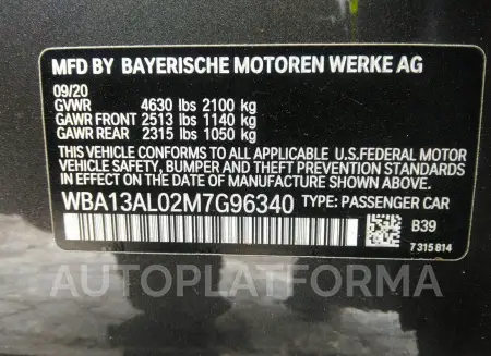 BMW M235I GRAN COUPE 2021 vin WBA13AL02M7G96340 from auto auction Iaai