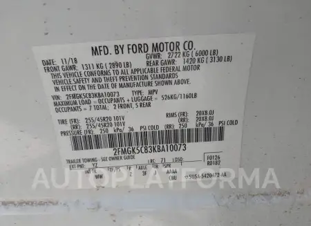 FORD FLEX 2019 vin 2FMGK5C83KBA10073 from auto auction Iaai