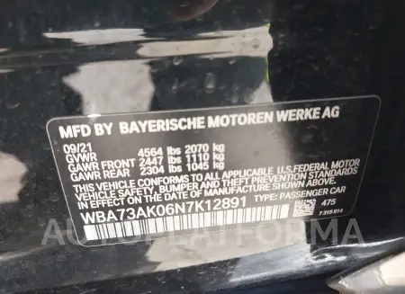 BMW 2 SERIES 2022 vin WBA73AK06N7K12891 from auto auction Iaai