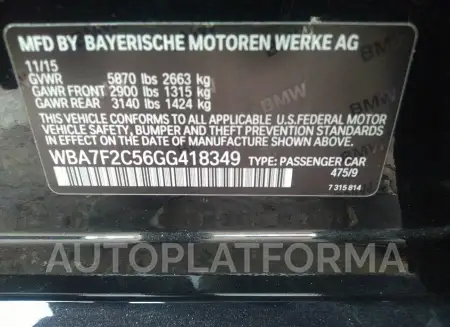 BMW 750I 2016 vin WBA7F2C56GG418349 from auto auction Iaai