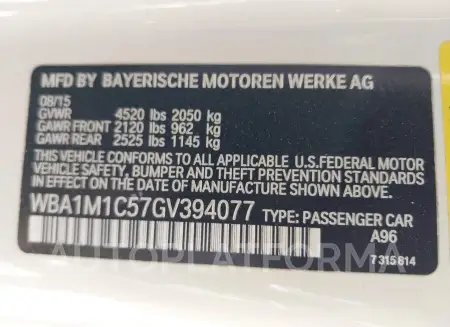 BMW M235I 2016 vin WBA1M1C57GV394077 from auto auction Iaai