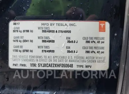 TESLA MODEL X 2017 vin 5YJXCAE2XHF050648 from auto auction Iaai