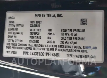 TESLA MODEL 3 2023 vin 5YJ3E1EC1PF578451 from auto auction Iaai