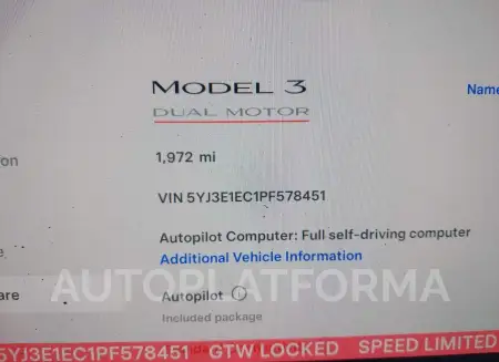 TESLA MODEL 3 2023 vin 5YJ3E1EC1PF578451 from auto auction Iaai