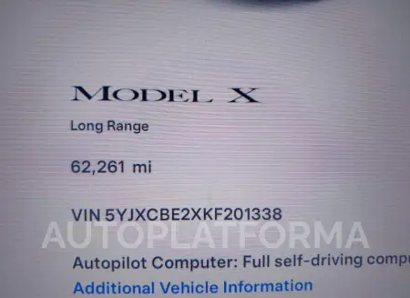 TESLA MODEL X 2019 vin 5YJXCBE2XKF201338 from auto auction Iaai