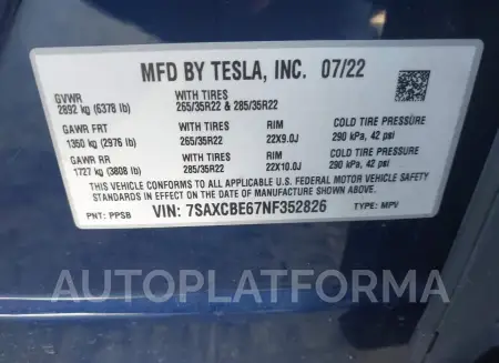 TESLA MODEL X 2022 vin 7SAXCBE67NF352826 from auto auction Iaai