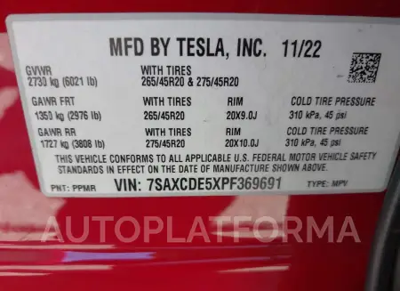 TESLA MODEL X 2023 vin 7SAXCDE5XPF369691 from auto auction Iaai