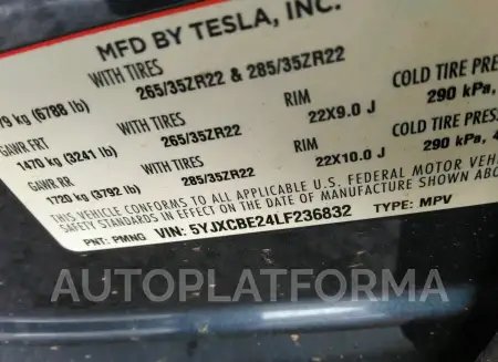 TESLA MODEL X 2020 vin 5YJXCBE24LF236832 from auto auction Iaai