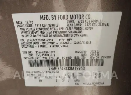 FORD FLEX 2019 vin 2FMGK5C8XKBA12953 from auto auction Iaai