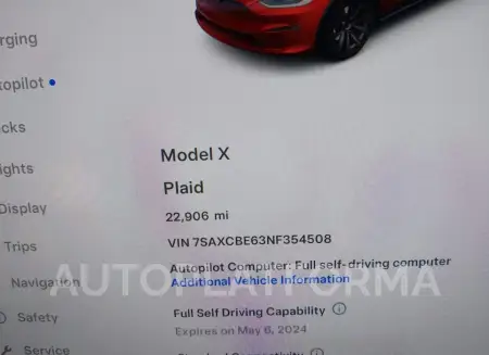 TESLA MODEL X 2022 vin 7SAXCBE63NF354508 from auto auction Iaai