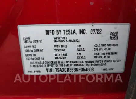 TESLA MODEL X 2022 vin 7SAXCBE63NF354508 from auto auction Iaai