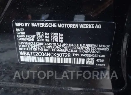 BMW 740 2022 vin WBA7T2C04NCK50728 from auto auction Iaai