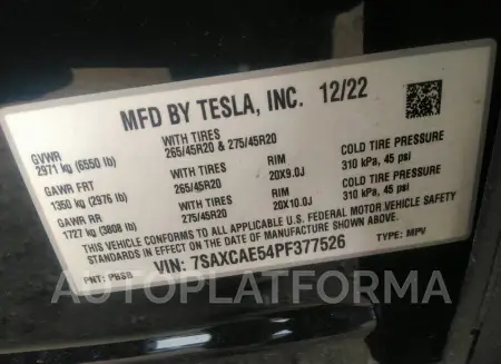 TESLA MODEL X 2023 vin 7SAXCAE54PF377526 from auto auction Iaai