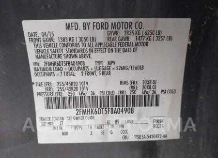 FORD FLEX 2015 vin 2FMHK6DT5FBA04908 from auto auction Iaai