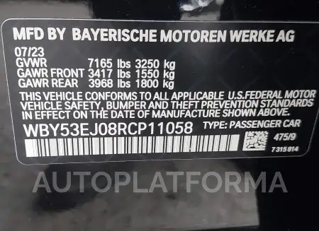 BMW I7 2024 vin WBY53EJ08RCP11058 from auto auction Iaai