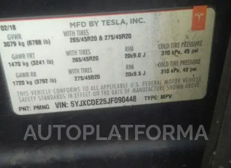 TESLA MODEL X 2018 vin 5YJXCDE25JF090448 from auto auction Iaai