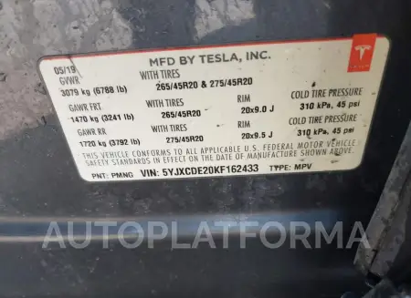 TESLA MODEL X 2019 vin 5YJXCDE20KF162433 from auto auction Iaai