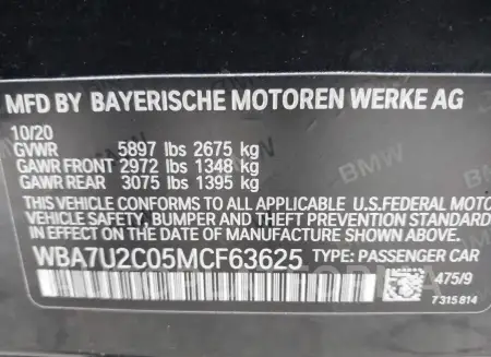 BMW 750I 2021 vin WBA7U2C05MCF63625 from auto auction Iaai