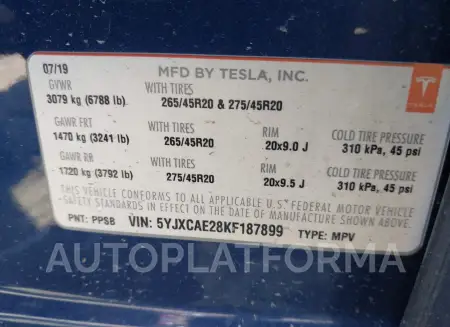 TESLA MODEL X 2019 vin 5YJXCAE28KF187899 from auto auction Iaai