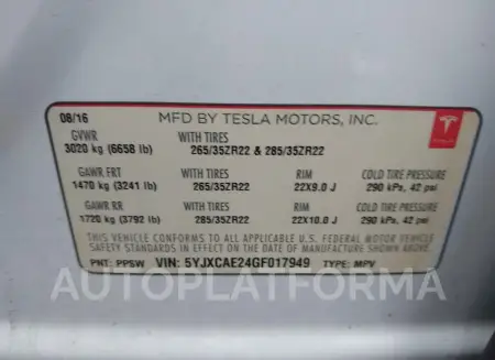 TESLA MODEL X 2016 vin 5YJXCAE24GF017949 from auto auction Iaai