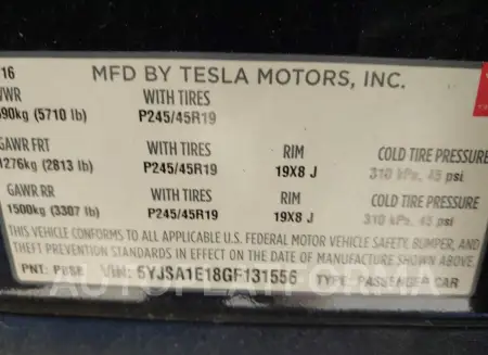 TESLA MODEL S 2016 vin 5YJSA1E18GF131556 from auto auction Iaai