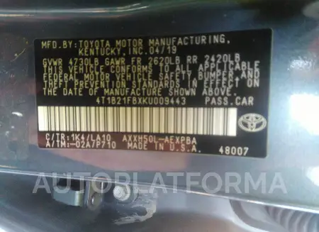 TOYOTA AVALON HYBRID 2019 vin 4T1B21FBXKU009443 from auto auction Iaai