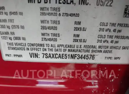 TESLA MODEL X 2022 vin 7SAXCAE51NF344576 from auto auction Iaai