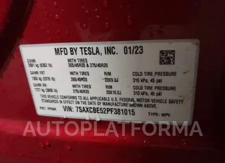 TESLA MODEL X 2023 vin 7SAXCBE52PF381015 from auto auction Iaai