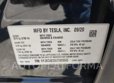 TESLA MODEL X 2020 vin 5YJXCAE25LF303643 from auto auction Iaai