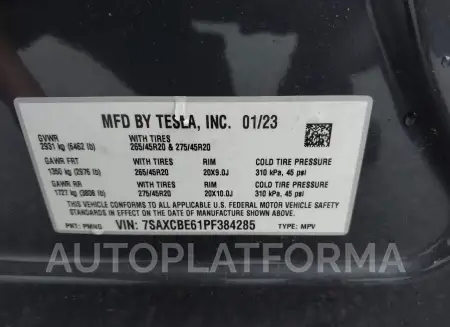 TESLA MODEL X 2023 vin 7SAXCBE61PF384285 from auto auction Iaai