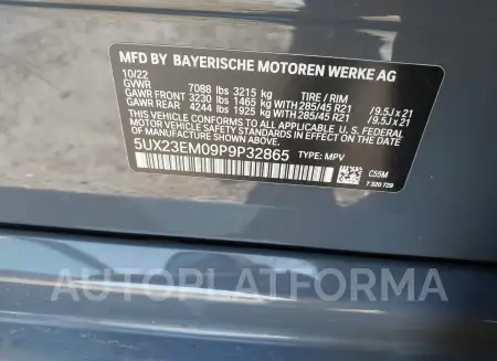 BMW X7 2023 vin 5UX23EM09P9P32865 from auto auction Iaai