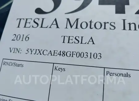 TESLA MODEL X 2016 vin 5YJXCAE48GF003103 from auto auction Iaai