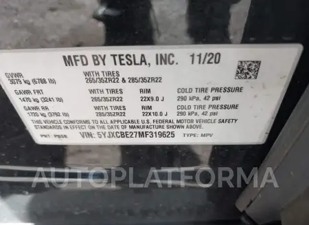 TESLA MODEL X 2021 vin 5YJXCBE27MF319625 from auto auction Iaai