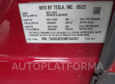 TESLA MODEL X 2022 vin 7SAXCAE53NF344367 from auto auction Iaai