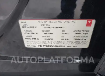 TESLA MODEL X 2016 vin 5YJXCBE49GF005254 from auto auction Iaai