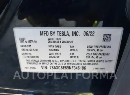 TESLA MODEL X 2022 vin 7SAXCBE69NF346106 from auto auction Iaai