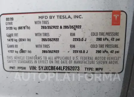 TESLA MODEL X 2020 vin 5YJXCBE44LF262073 from auto auction Iaai