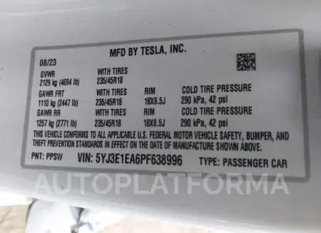 TESLA MODEL 3 2023 vin 5YJ3E1EA6PF638996 from auto auction Iaai