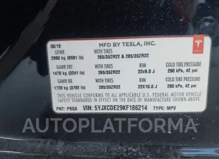 TESLA MODEL X 2019 vin 5YJXCDE29KF186214 from auto auction Iaai