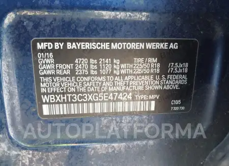 BMW X1 2016 vin WBXHT3C3XG5E47424 from auto auction Iaai