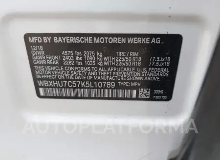 BMW X1 2019 vin WBXHU7C57K5L10789 from auto auction Iaai