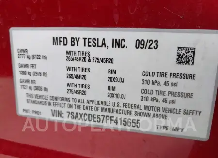 TESLA MODEL X 2023 vin 7SAXCDE57PF415655 from auto auction Iaai