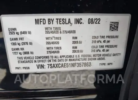 TESLA MODEL X 2022 vin 7SAXCAE51NF357862 from auto auction Iaai