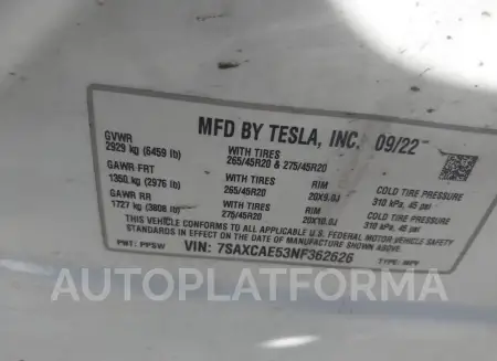 TESLA MODEL X 2022 vin 7SAXCAE53NF362626 from auto auction Iaai