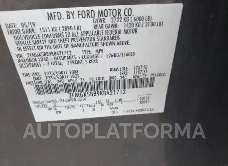 FORD FLEX 2019 vin 2FMGK5B89KBA21712 from auto auction Iaai