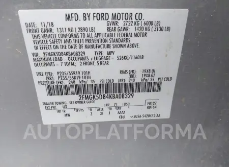 FORD FLEX 2019 vin 2FMGK5D84KBA08329 from auto auction Iaai