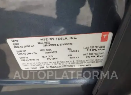 TESLA MODEL X 2020 vin 5YJXCAE2XLF235971 from auto auction Iaai